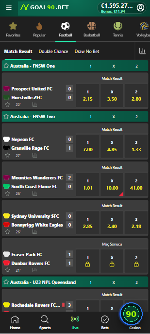 Mobile live betting list